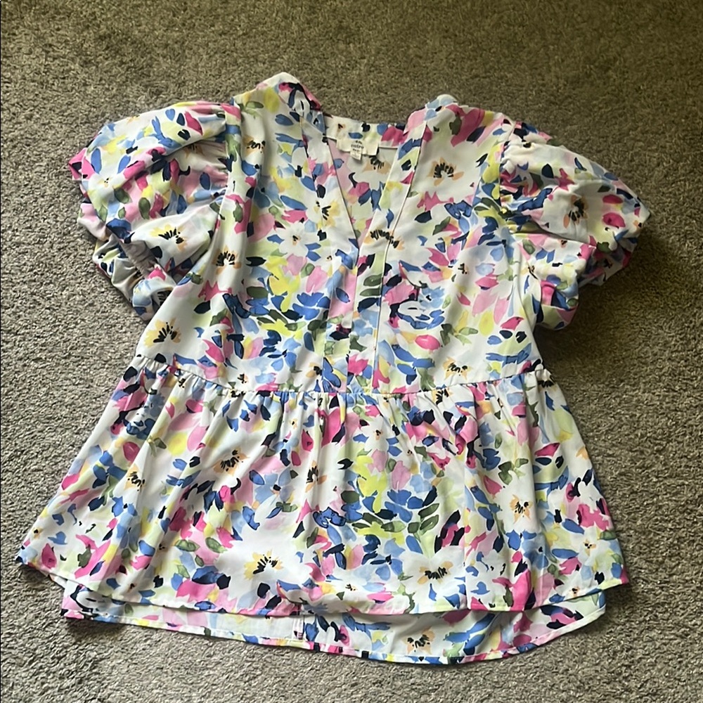 entro Floral Print Peplum Blouse in White, Pink, Blue, Green